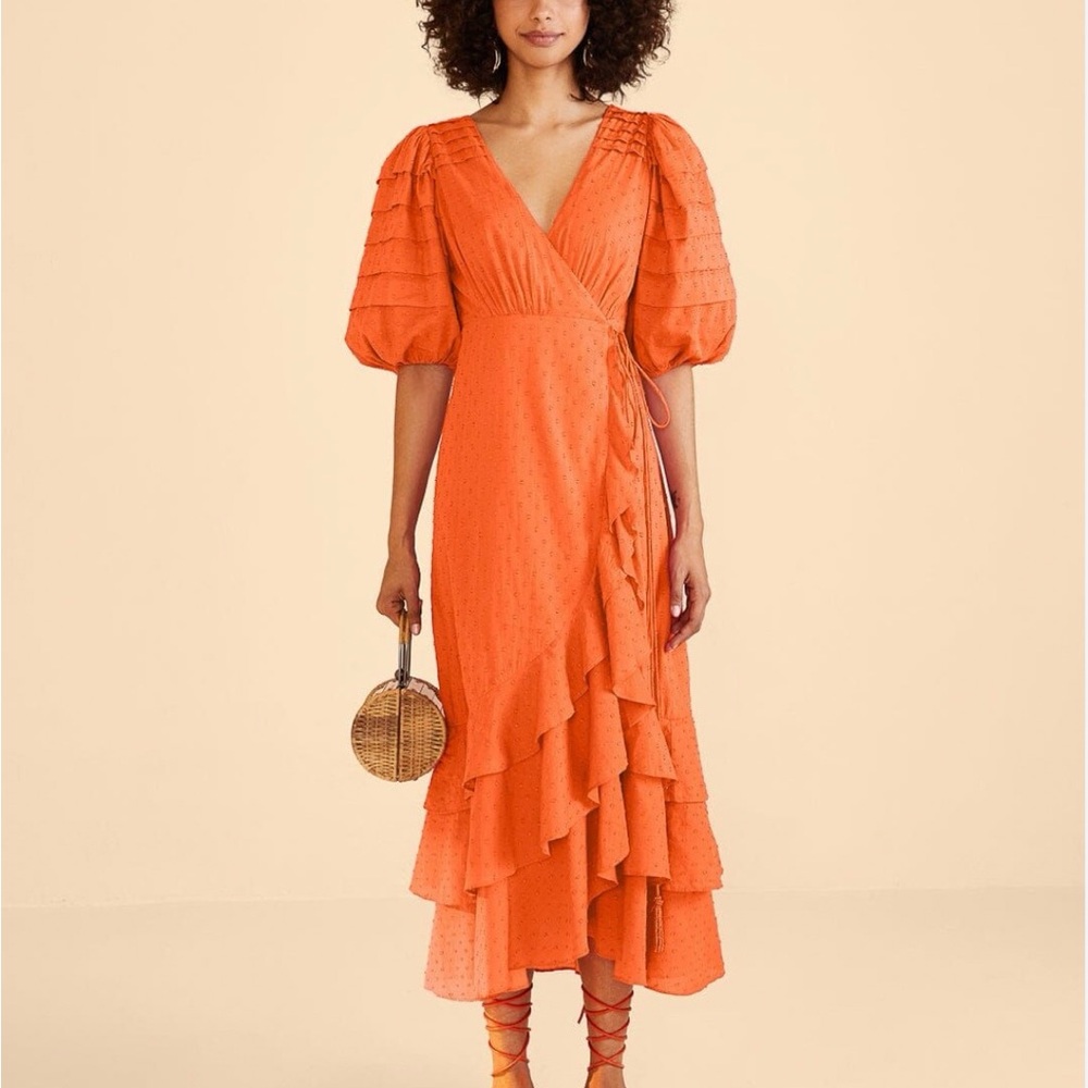 NWT FARM RIO Orange Ruffles Midi Dress